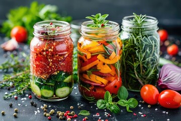 Home conservation for the winter. Glass jars with canned vegetables cucumbers, tomatoes, herbs, spices. Healthy food.