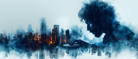 Digital double exposure of a man's hands typing on a keyboard and a digital cityscape with a binary code background, with a blue color palette. Concept for coding, software development or information.