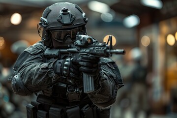 Fototapeta premium Special forces soldier police a with high technology gun.