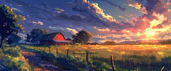 A Beautiful Farm With A Red Barn, Green Fields And Golden Grain In The Background, A Path Leading To It, A Fence Around Them, In The Style Of Anime, Sunset