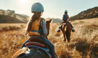 Lively and joyful scene of children riding horses, evoking an adventurous spirit and connection with nature. This image captures the joy and innocence of childhood, ideal for concepts of family