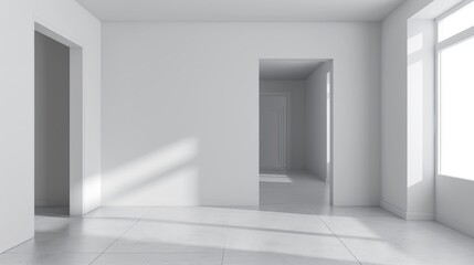 3D modern realistic illustration in perspective of an empty room with white walls, floor, and...