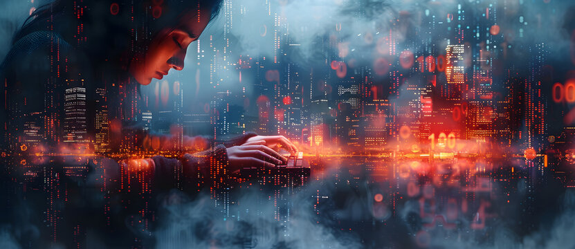 Digital double exposure of a woman's hands typing on a keyboard and a digital cityscape with a binary code background, with a blue color palette. Concept for coding, software development.