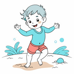 toddler age 1 to 4 dancing at the beach for coloring book page. hands and nose are lifelike with white background