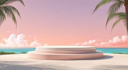 Fototapeta premium Tropical Beach Scene with Pink Podium Display and Palm Trees.