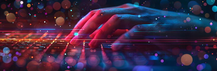 A banner-style image showcasing a hand typing on a computer keyboard with a search bar icon, representing web UI design and online searching technology. The background is blurred.