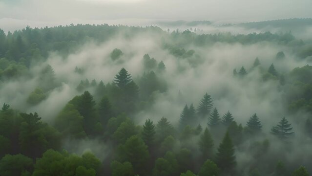 An aerial perspective of a dense forest covered in fog, with trees barely visible through the mist.