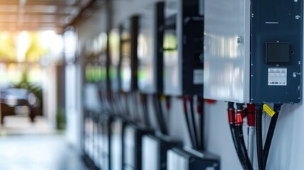 Concept of a home battery packs alternative electric energy storage system at modern home garage wall as backup or sustainable energy concepts.