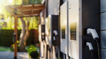 Concept of a home battery packs alternative electric energy storage system at modern home garage wall as backup or sustainable energy concepts.