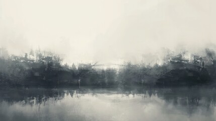 Fototapeta premium A painting of a forest with a lake in the background