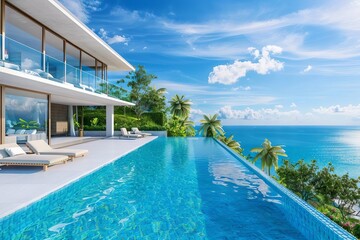 luxurious beachfront villa with infinity pool and panoramic ocean view summer vacation 3d rendering