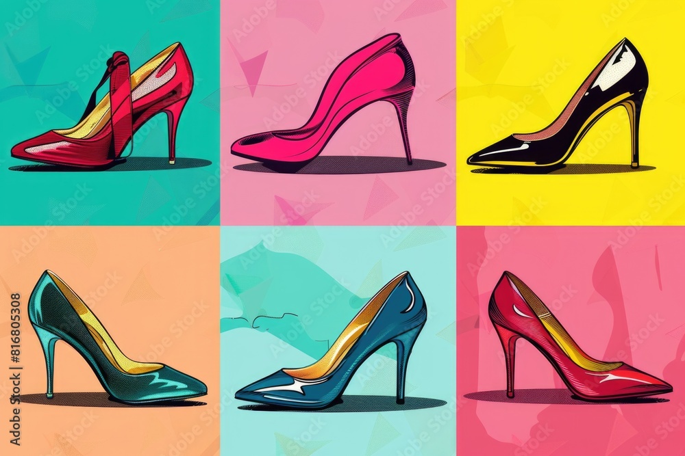 Wall mural Set of four different colored high heel shoes, perfect for fashion and footwear concepts