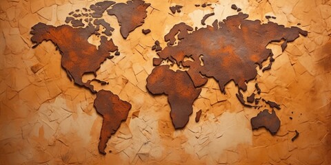 World map in cracked dry soil texture on orange or brown background. Environmental change and global warming concept. Design for climate awareness, earth conservation, geography education. AIG35.