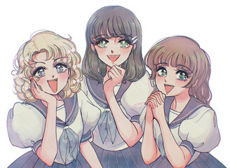 レトロ少女漫画・驚き微笑むお嬢様取り巻き達のイラスト