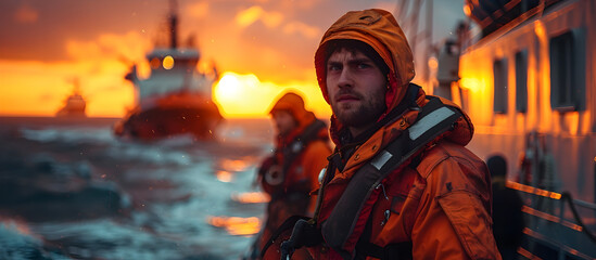 Cargo Ship Crew Conducting Routine Lifeboat Launch System Checks Amidst Stunning Sunset Seascape