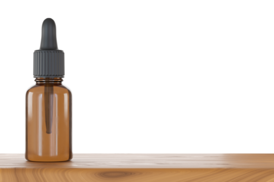 supplement oil dropper bottle on wooden shelf, transparent background
