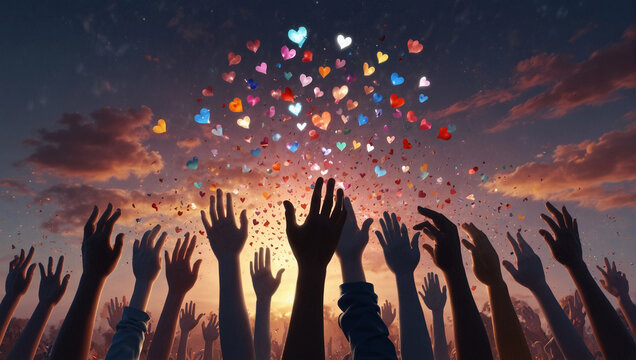 Crowd of people raising hands up to sky reaching many colorful hearts charity friendship help concept