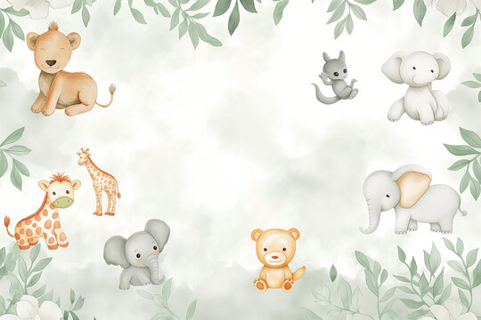 Fototapeta animals in the forest, Delight in the charm of the jungle with an endearing seamless repeating pattern tile featuring adorable jungle animals frolicking against a soft white watercolor background