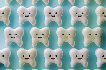 set of cartoon tooth, Brighten up your dental-themed designs with a cheerful array of white, cute tooth characters, each adorned with a charming smile, set against a soothing blue background