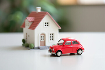 The concept of acquiring basic things to live in modern world. Red miniature car and white house on...