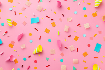 pink background, Elevate your celebrations with a playful pattern composed of colorful confetti and charming shapes scattered randomly against a sweet pink background
