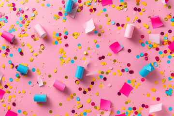 confetti on a white background, Elevate your celebrations with a playful pattern composed of colorful confetti and charming shapes scattered randomly against a sweet pink background