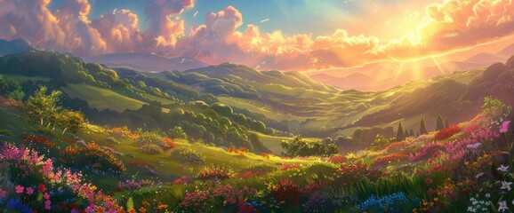 A Breathtaking Anime Landscape Painting Of Rolling Hills, Lush Greenery, And Vibrant Flowers Under The Golden Rays Of Sunset