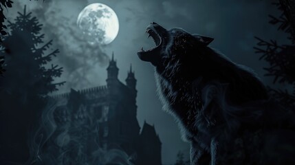 Majestic wolf howling at the moon with castle backdrop. Perfect for nature and fantasy themed projects