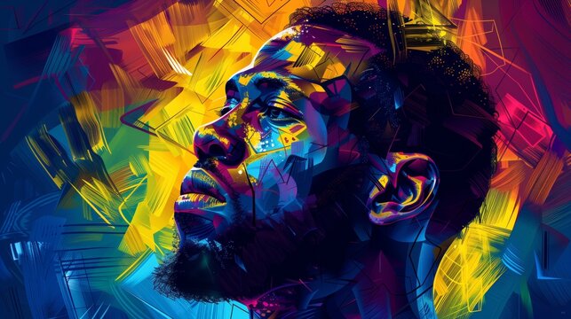 Abstract graphic design illustration of man's head on pop art style. Bold shapes and lines, simple shapes, dark blue, green, purple, yellow.