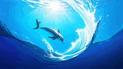 a painting of two dolphins swimming in the ocean