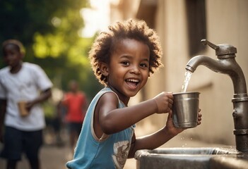 Portrait of happy African child pouring water into small bucket from outdoor water faucet. Affordable fresh drinking water in arid poor regions of Africa. Ai generation