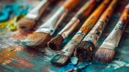 Fototapeta premium Artistic paintbrushes with colorful background.