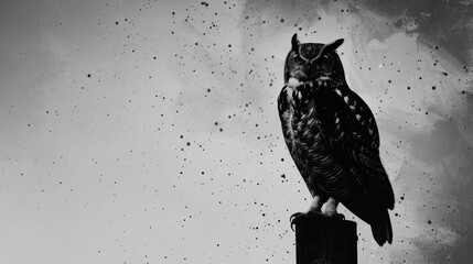 A black and white owl is perched on a pole