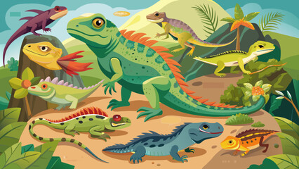 Colorful Illustrated Assortment of Exotic Lizards in Tropical Habitat. Vector illustration