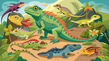 Naklejka premium Colorful Illustrated Assortment of Exotic Lizards in Tropical Habitat. Vector illustration