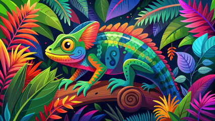 Vibrant Tropical Chameleon Amidst Lush Foliage. Vector illustration