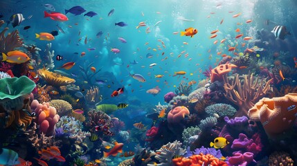 Naklejka premium A vibrant coral reef teeming with exotic fish and sea creatures