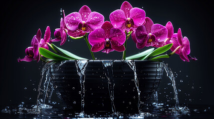 a pot of pink orchids and splashes of molten gold, the splashes turning into spheres with black background
