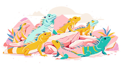 Obraz premium Vibrant Lizards Gathering Amongst Pink Rocks Illustration. Vector illustration