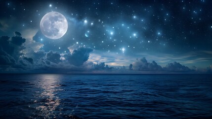 A dreamy night sky with a full moon and twinkling stars over a calm ocean