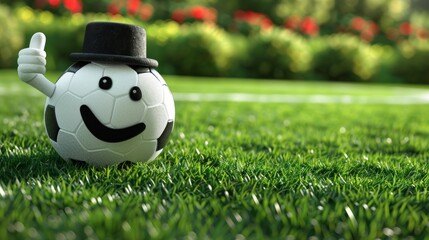 EM European Championship 2024 sport concept background - Soccer ball with cylinder hat and thumbs up, on playing field, meadow, lawn stadium