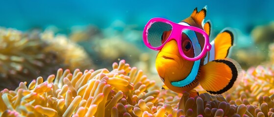 Funny fish animal summer holiday vacation travel photography banner background - clown fish with pink sunglasses swimming relaxing in the ocean sea water, underwater