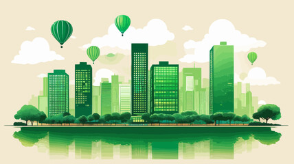 a green city with hot air balloons flying over it