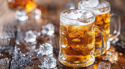 isolated golden yellow color transparent glass alcohol mug with handle, full of beer and foam on a wooden restaurant table   