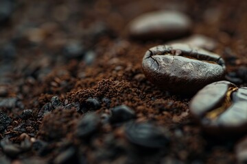 Macro shot showcasing the texture and detail of roasted coffee beans and grounds