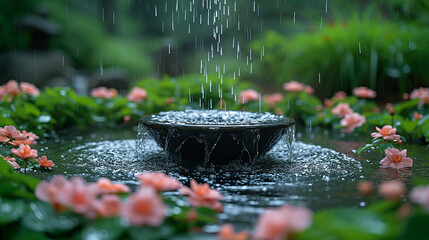 the serene arrival of spring at a mountain temple, focusing on the rainwater falling on a water basin and the water gracefully bouncing off it