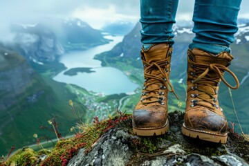A person is standing on a mountain top with their boots on