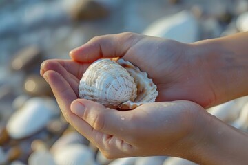 A person is holding a shell in their hand