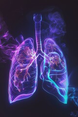 A glowing, neon colored lung is shown in a black background