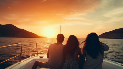Young people sitting on the yacht deck sailing sea ocean in sunset. 